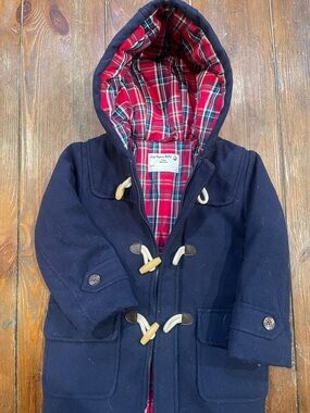 JoJo Maman Bebe Navy Hooded Pea Coat with Red Plaid Lining